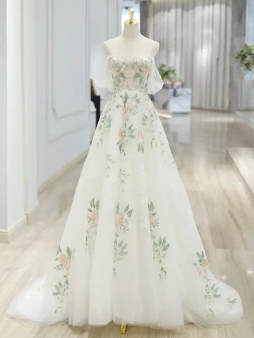 A Line Off Shoulder Tulle Lace Applique White Long Prom Dress Formal Dress HZ1023